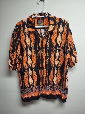 Pineapple Connection Hawaiian Camp Shirt Men's XL Orange Flame Print Button Up